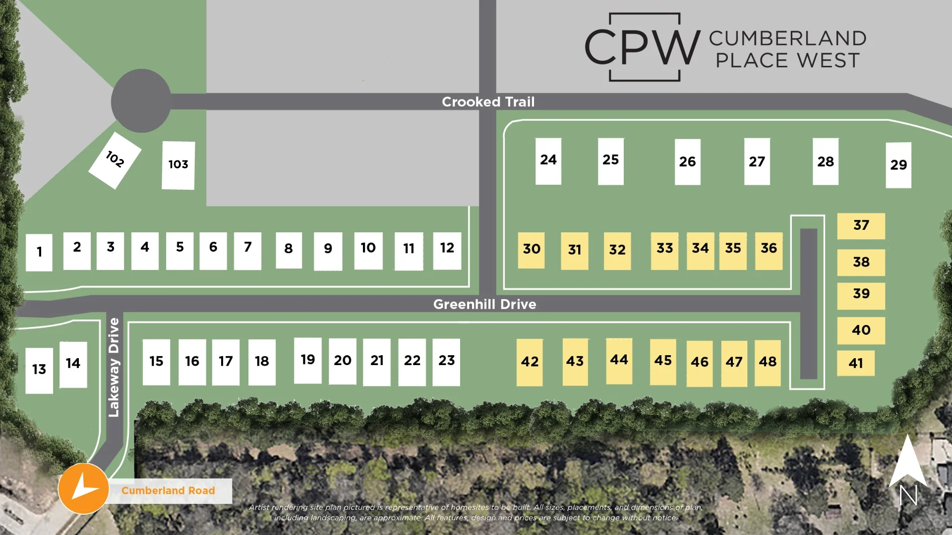 Plat map of Cumberland Place West showing 50 homesites across Crooked Trail, Greenhill Drive, Cumberland Road, and the Lakeway Court cul-de-sac.